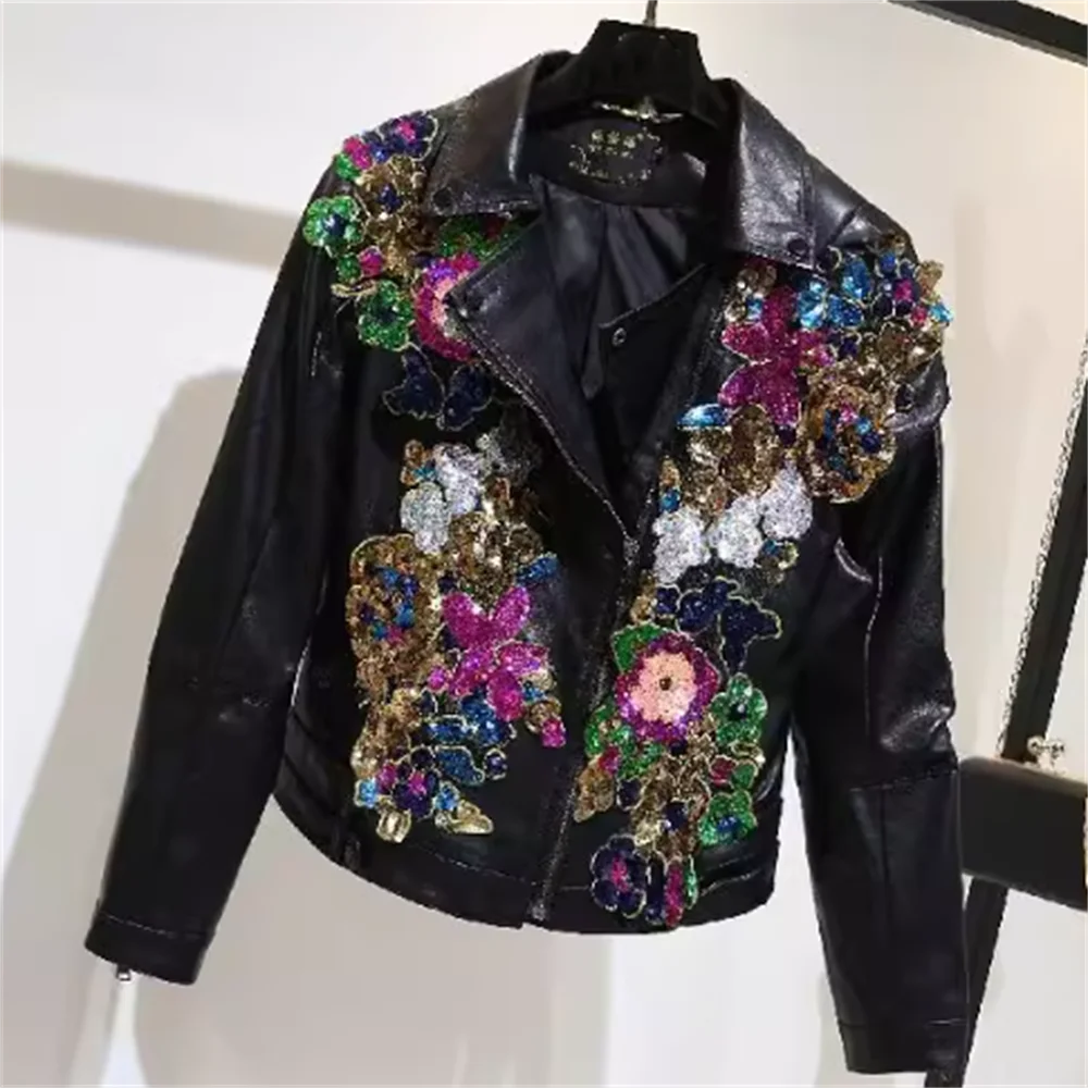 

Pu leather clothing women coat short autumn and winter coat sequins slim jacket