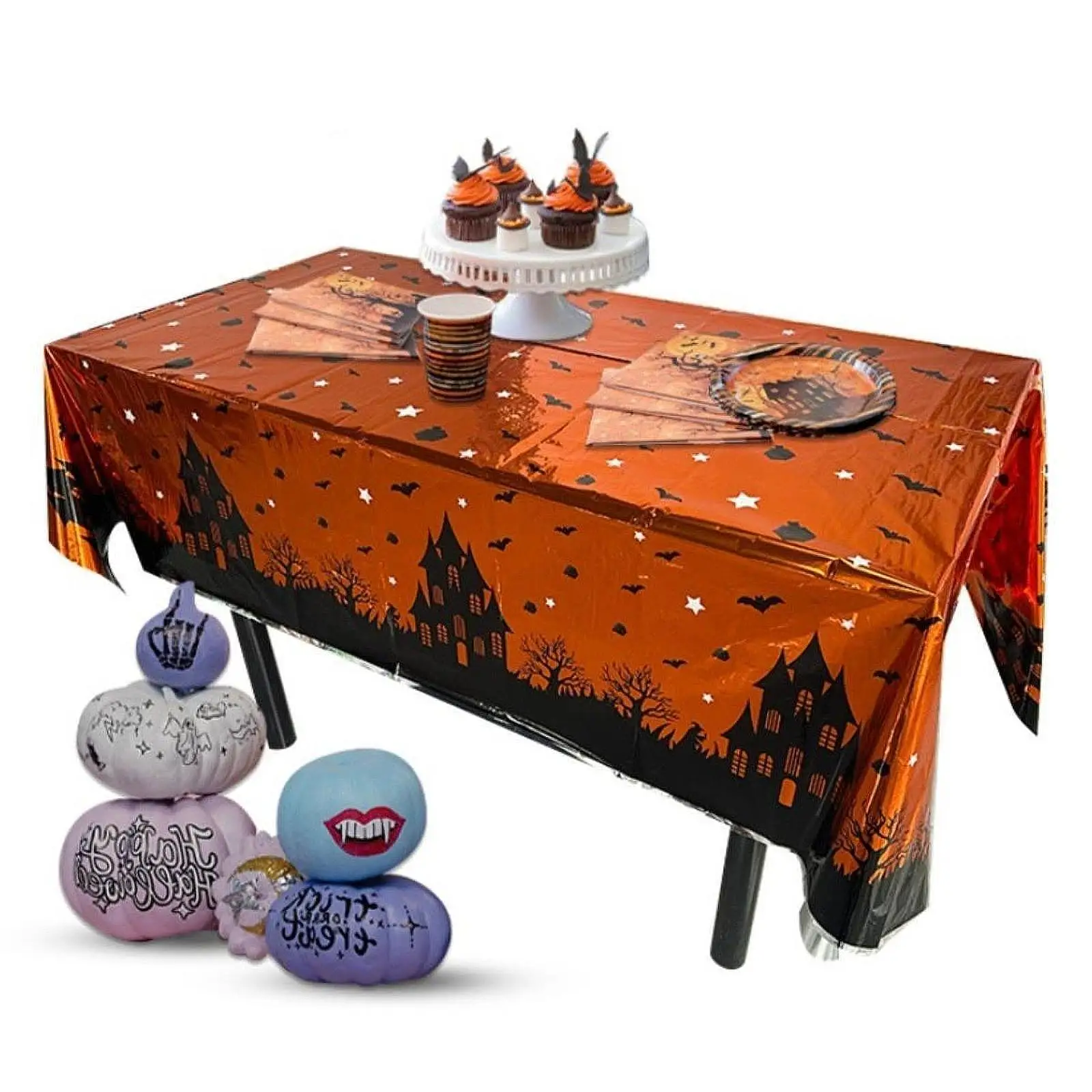 Halloween Foil Table Cloth Haunted House Decorative Waterproof Rectangle for Indoor Halloween Dinner Table Horror Night Supplies