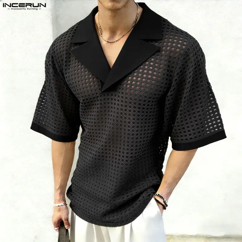 INCERUN Men's Shirt Mesh Patchwork Hollow Out Lapel Short Sleeve Tops Men Clothes Summer Loose Streetwear 2026 Fashion Camisa