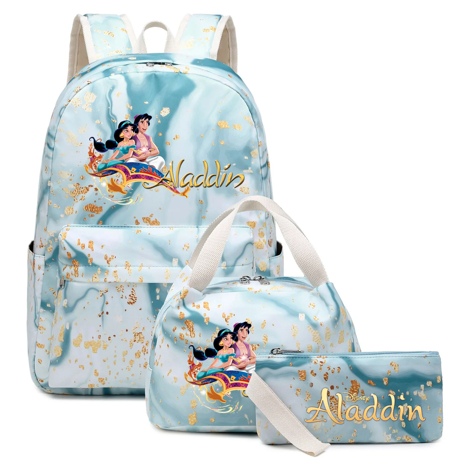 3Pcs Aladdin Jasmine Princess Backpack Large Capacity Student Waterproof Schoolbag Boys Girls Pen Lunch Bags Travel Mochila