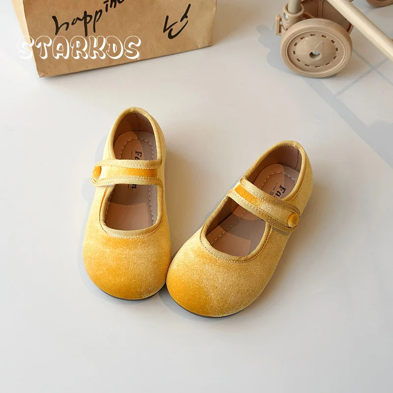 Cute Peach Pink Velvet Shoes Girls Vintage Gold Velour Ballet Flats Baby Kids Spring New Soft Sole Luxury Mary Janes