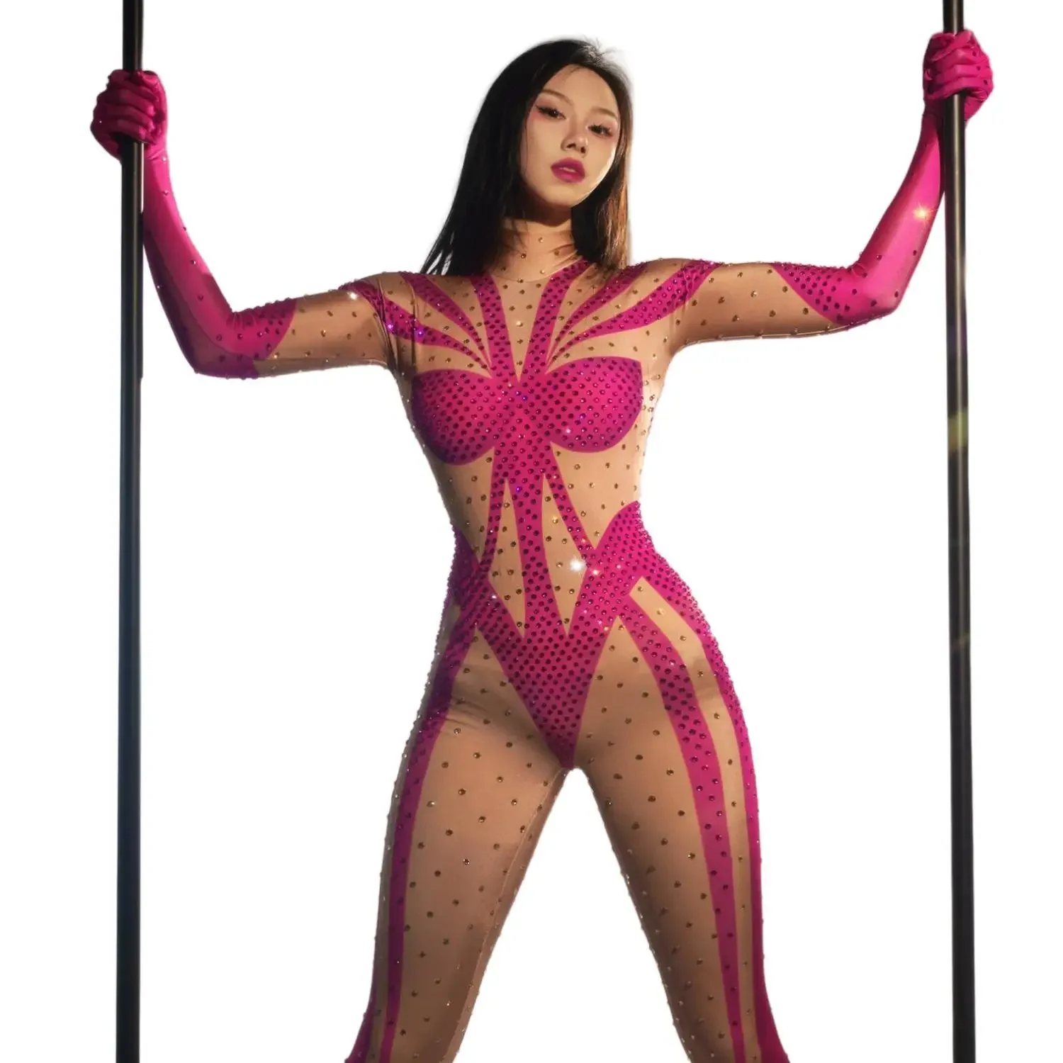 

Designer Long Sleeves Pink Diamond Rompers Pole Dancer Leotard Stage Costumes Sexy Party Playsuits Women Rhinestones Jumpsuits