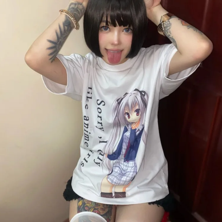 

Harajuku Y2k Anime Graphic T-shirts Girls Back To School Summer Short Sleeve Casual Gothic Black White Tees Shirt Youth Women