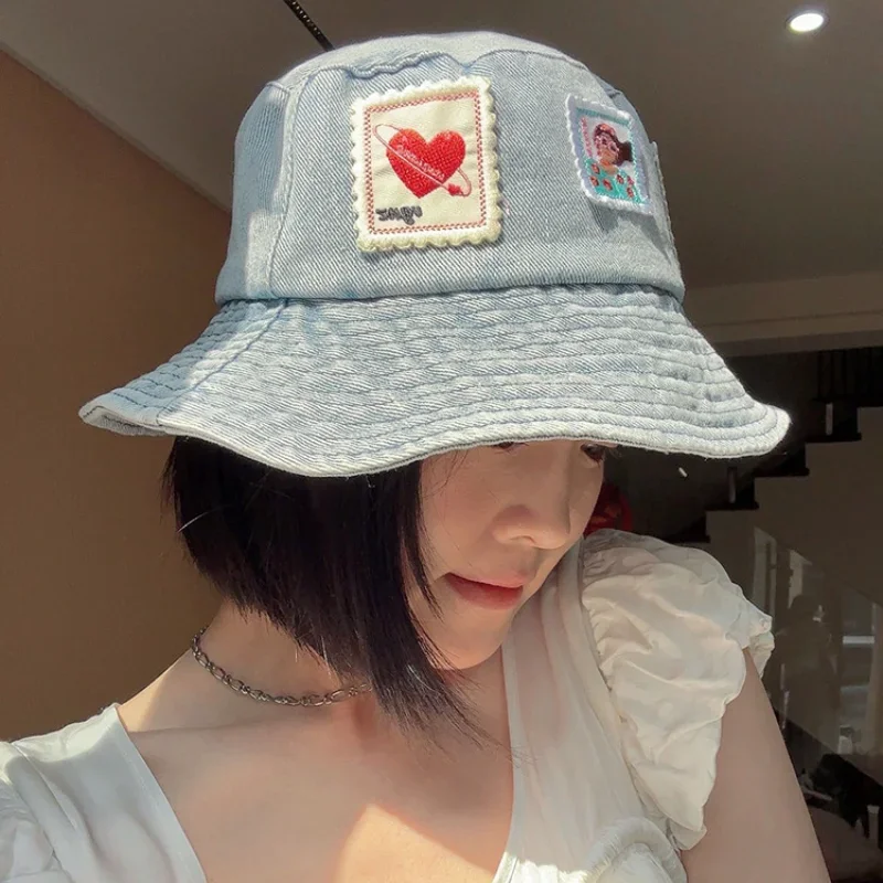 Y2k Girls Stamp Patch Wash Denim Fisherman Hat Women's Summer Japanese Niche Big Brim Bucket Hat