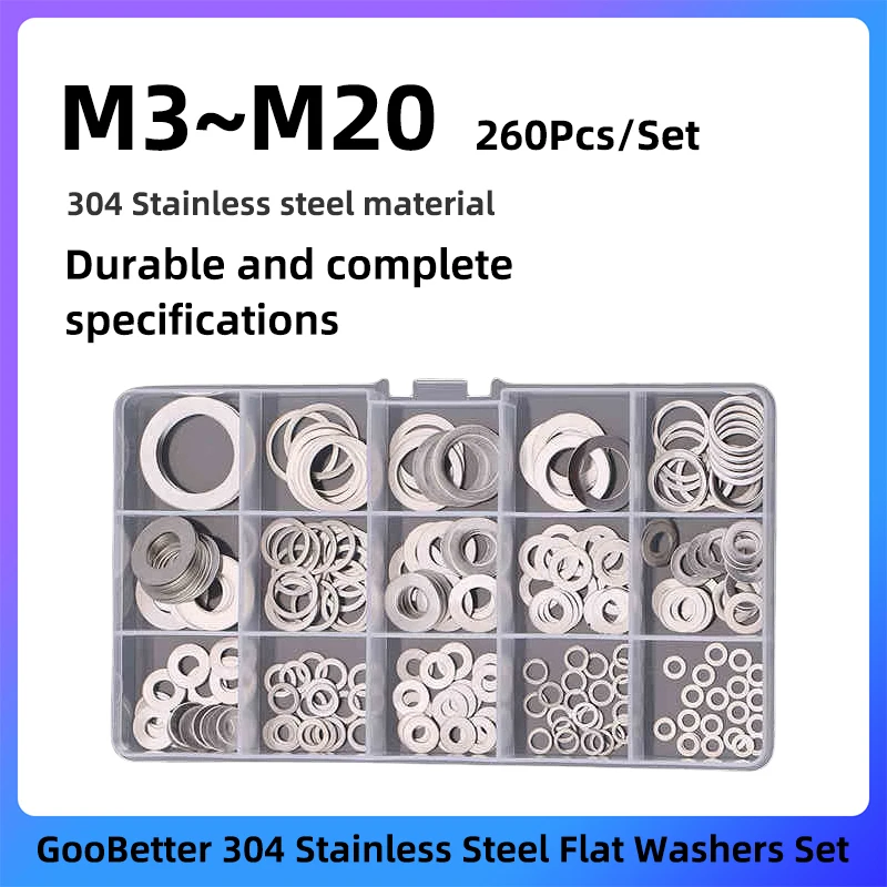 

260Pcs Washers Assortment Kit M3 M4 M5 M6 M8 M10 M12 M14 M16 M20 304 Stainless Steel Flat Washers for Screws Bolts Washers Set