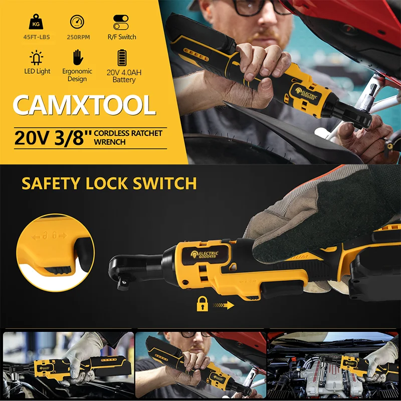 250RPM cordless 90-degree lithium-ion ratchet wrench for steering control, suitable for DEWALT batteries