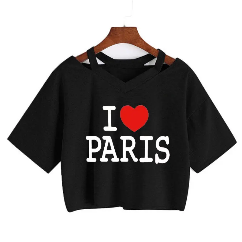 I Love Paris Women Funny Print T-Shirt Off Shoulder Hollow Sexy T-shirt V-neck Women's Short Sleeved Y2k Harajuku Clothes