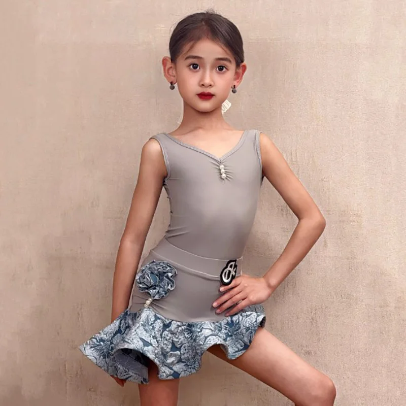 

Детский костюм для латинских танцев для девочек, боди без рукавов и жаккардовые юбки, детская танцевальная одежда для соревнований и практики