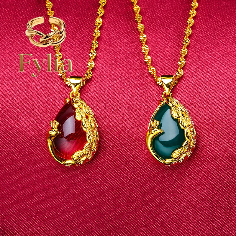 Fylia Jewelry   Peacock Pendant for Women, 24K Gold, AU999 | Embossed peacock with ruby eyes, luxurious for traditional weddings
