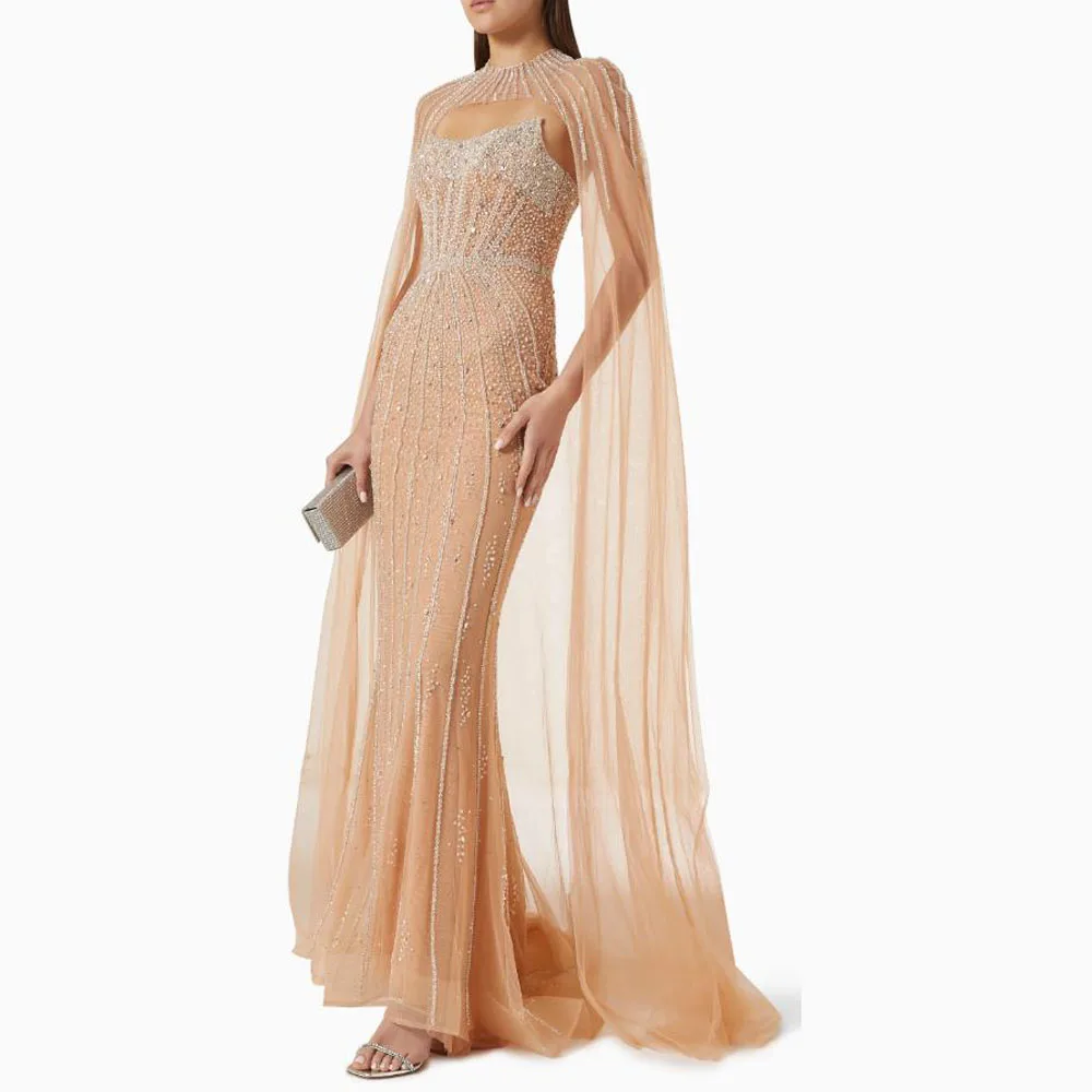 Abiti da sera champagne personalizzati con mantella senza spalline con perline abito formale illusione tulle sirena abiti da gala
