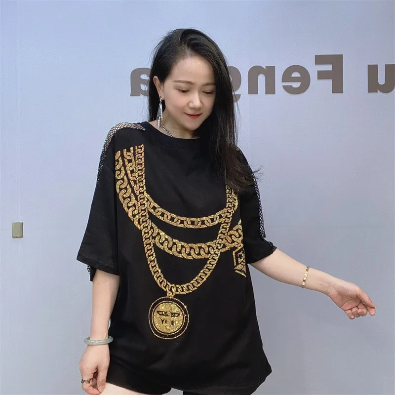 Chain Sequins Hollow Out T Shirt Women Trending Clothing 2024 Summer Casual Pullover O Neck Short Sleeve Tops Vestidos Streetwea