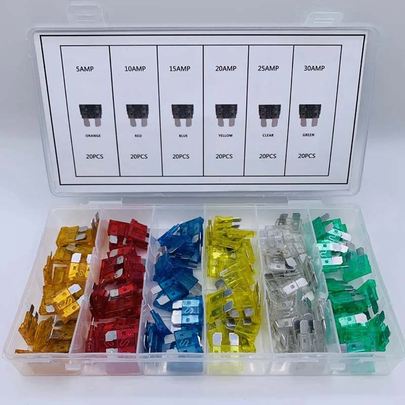 120PCS ฟิวส์รถชุดสารพันรถบรรทุกรถยนต์มาตรฐานใบมีดฟิวส์ Assortment 5A 10A 15A 20A 25A 30A ยานยนต์ฟิวส์เปลี่ยน