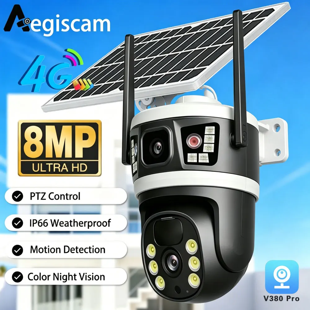 Cámara IP V380 Pro 8MP HD Solar WIFI 4G, CCTV de Tres Lentes, Pantalla Dual, Seguimiento Automático, Cámara de Vigilancia PTZ 4K para Exteriores