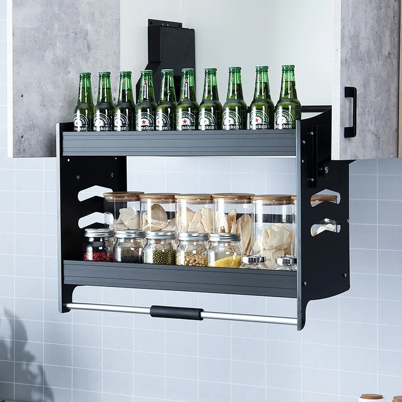 

Lifting storage hanging cabinet, kitchen cabinet, black aluminum alloy lift drop basket