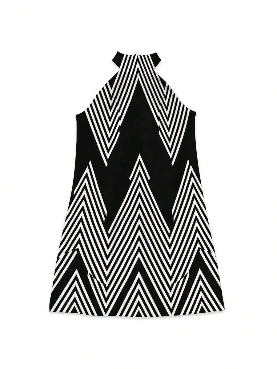 

Black And White Geometric Zigzag Halter Dress Women Casual Summer Knit Sleeveless