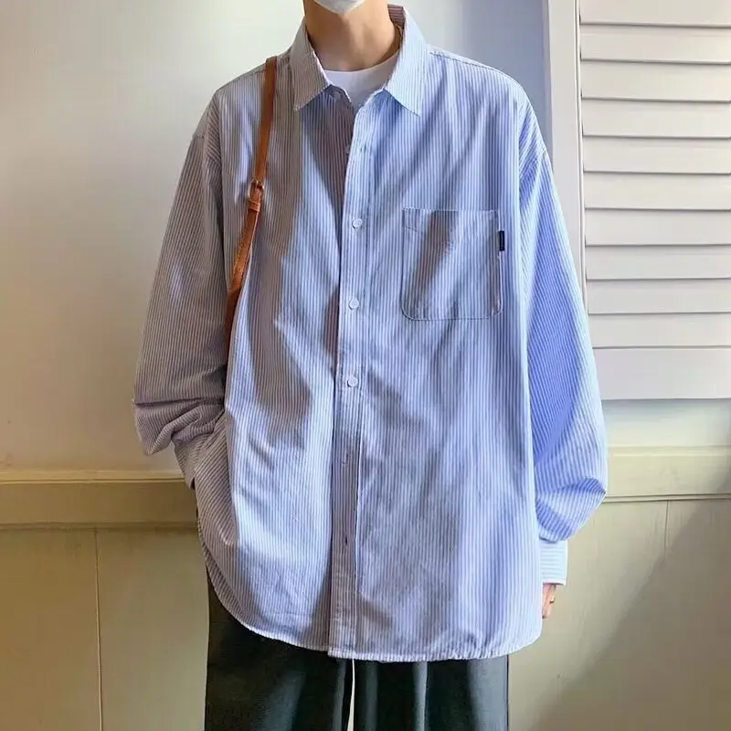 

Men's Striped irt Spring 2026 New Korean Version Long Sve Loose Casual Outerwear Vintage Feel High End Faion