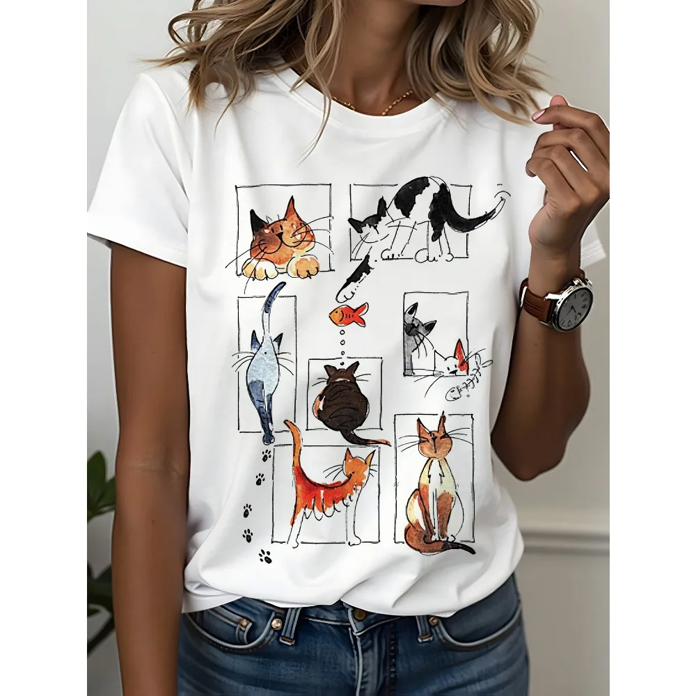 Cute And Fun Women Short-Sleeved T-Shirt with Cat Illustrations Multiple Cats in Funny Poses Fresh Hand-Painted Style Trendy