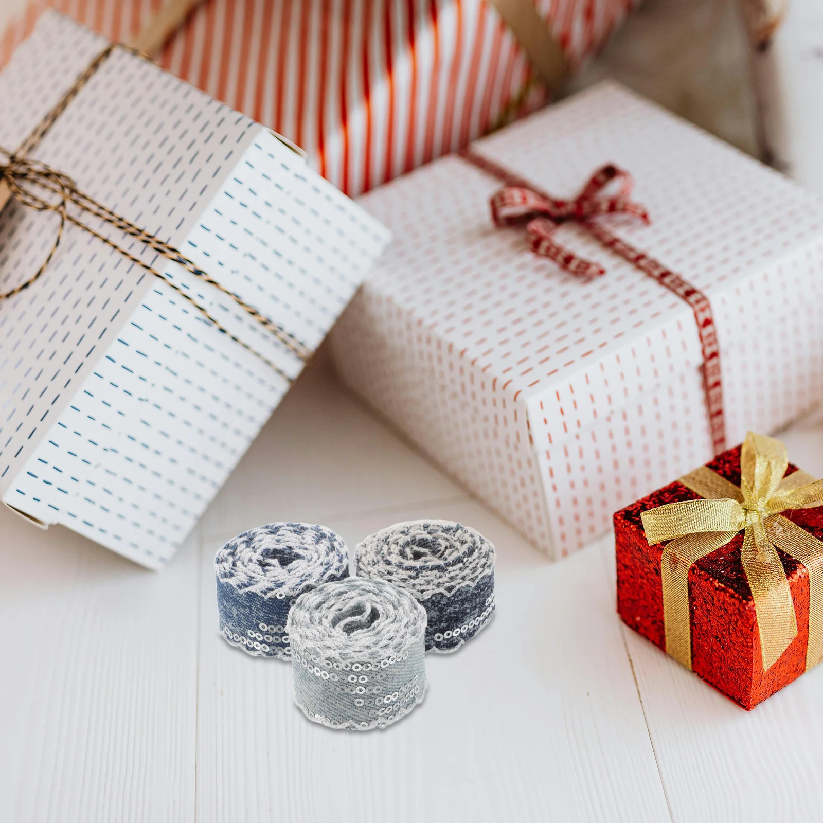 

3pcs 3 Rolls Sequin Denim Ribbon Trim Polyester Fabric Band For Diy Sewing Craft Clothing Dress Headband Embellishment Accessory