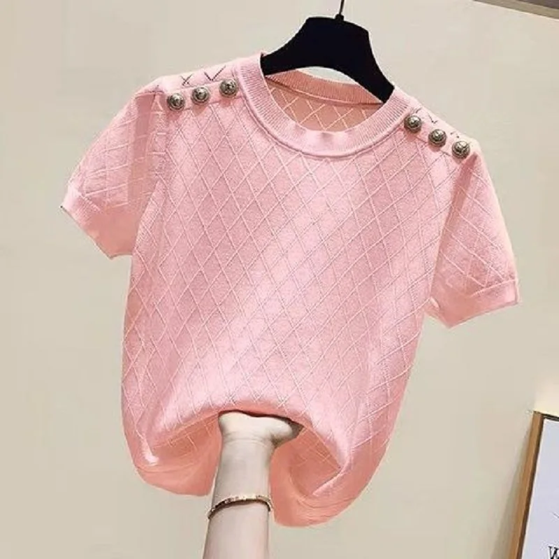 Women's Korean Fashion Style Ice Silk Sweater, Solid Hollow Out, Short Sleeve, Button Knit Top, Summer, Spring