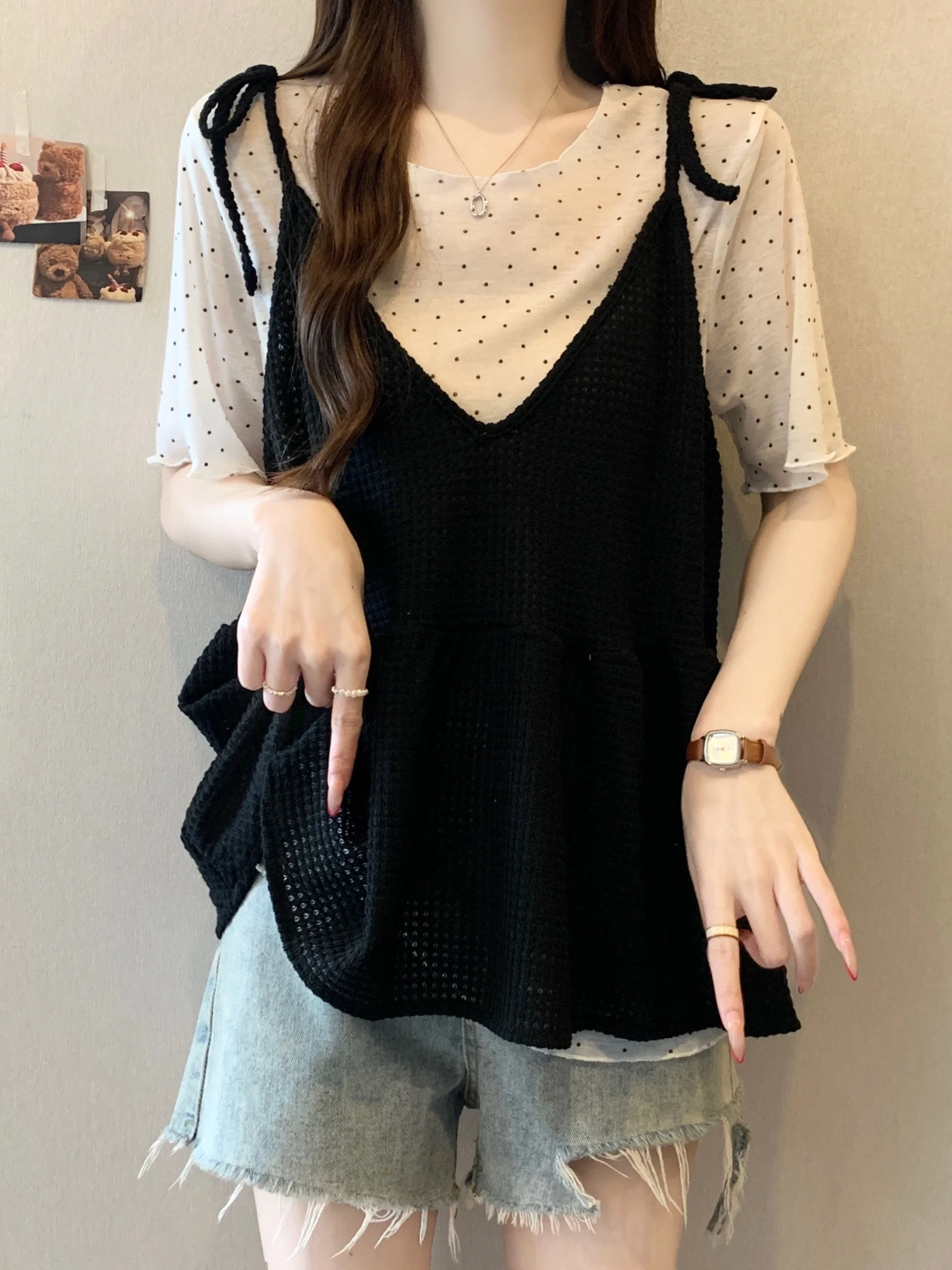 

Летний комплект футболок в горошек больших размеров: элегантный стиль, топ с коротким рукавом, скрывающий живот, и брюки, универсальный повседневный комплект.