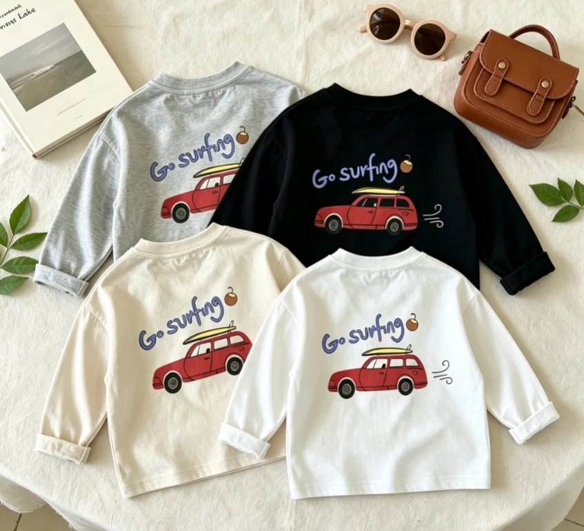 Soft Cotton Toddler Back Printed Surf Car Tees Kid Long Sleeve Crew Neck Tee Cute Go Surfing Car Clothing Baby Boys Girls Wear