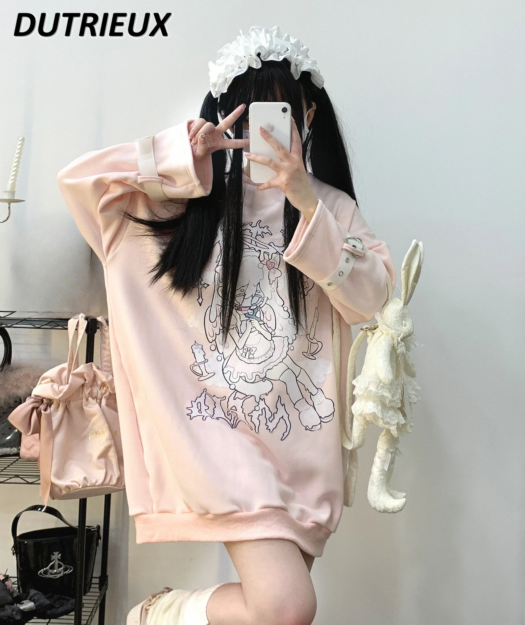 Spring and Autumn New Sweet Girl Round Neck Long Sleeve Pullover Mine Tie Up Printing Hoodies Velvet Long Sweatshirt for Women