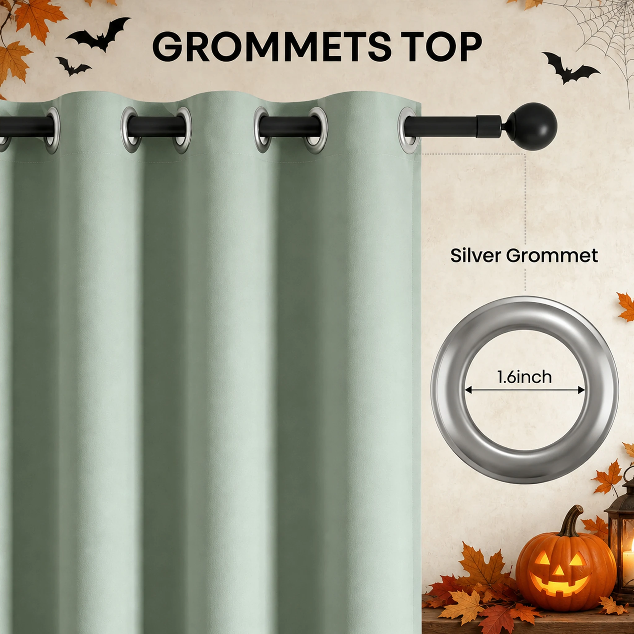 Halloween Mystic Aqua Curtains 4 Pcs, 100% Blackout Thermal Insulated Window Drapes with Black Back Coating, Room Divider Panels