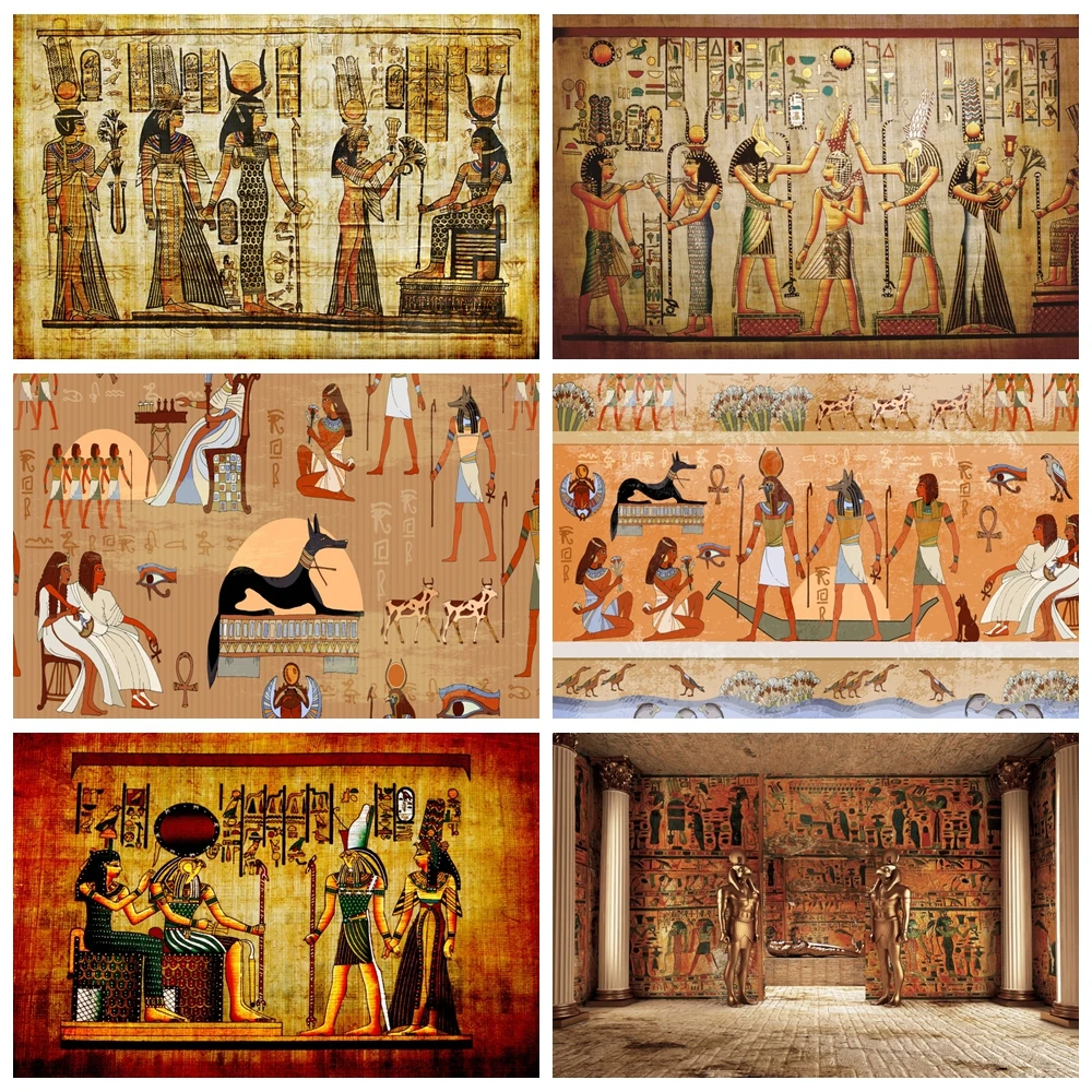 Ancient Egypt Fresco Pattern Backdrop Vintage Egyptian Pharaoh Figure Anubis Religion Interior Wall Decor Photography Background