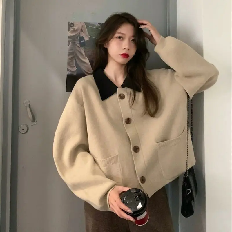 Trendy Korean personalized simple lapel knitted cardigan women 2024 spring autumn new loose lazy style high-end sweater jacket