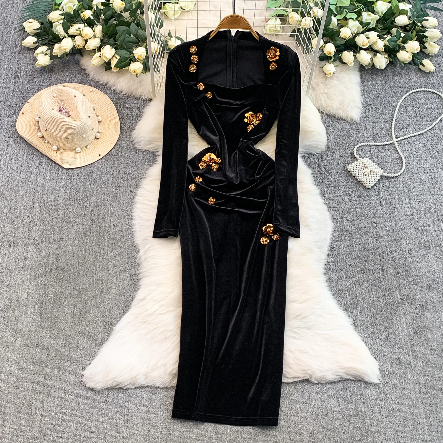 Chique vintage velours jurk met vierkante hals Elegante Fee Koreaanse mode zonnejurk herfst dameskleding