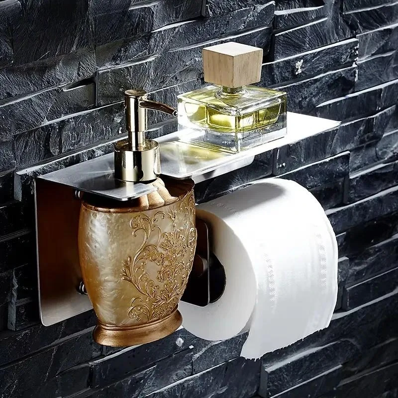 Stainless Steel Wall Mounted Toilet Paper Holder and Soap Dispenser Modern Luxury Bathroom Accessories Metal Manual Liquid