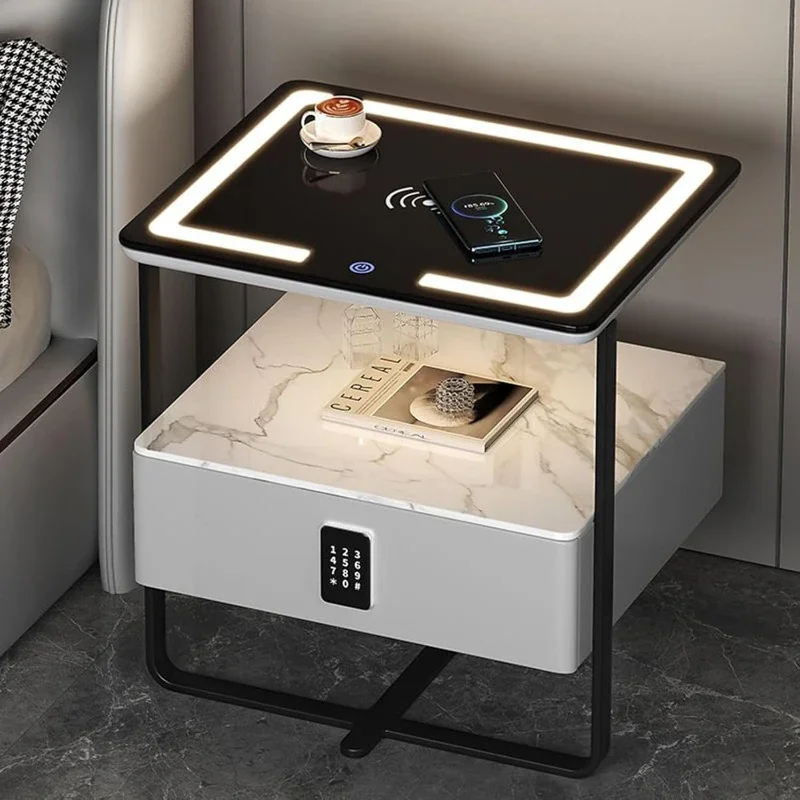 Smart Nightstand Wireless Charging Station LED Light Dimming Password Lock Modern Side End Storage Cabinet Bedroom Living Room