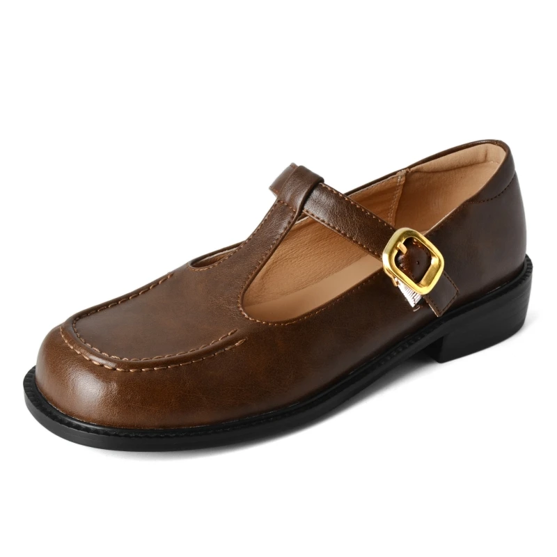 Casual Women's Flats Shoes Genuine Leather Fashion Comfortable T-strap Black Brown Walking Party Loafers Shoes Unisex 2026 New