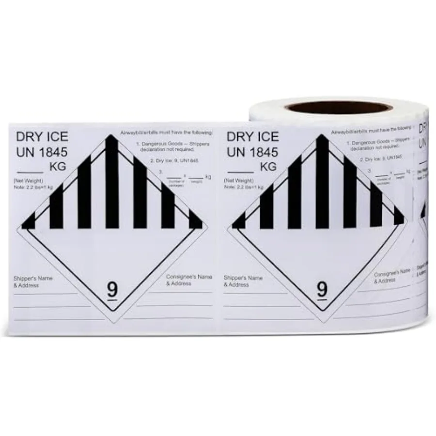 

500 PCS Dry Ice Shipping Labels - 6 x 6 Inch Hazard Class 9 UN1845 Dry Ice Stickers for Refrigerated Shipping