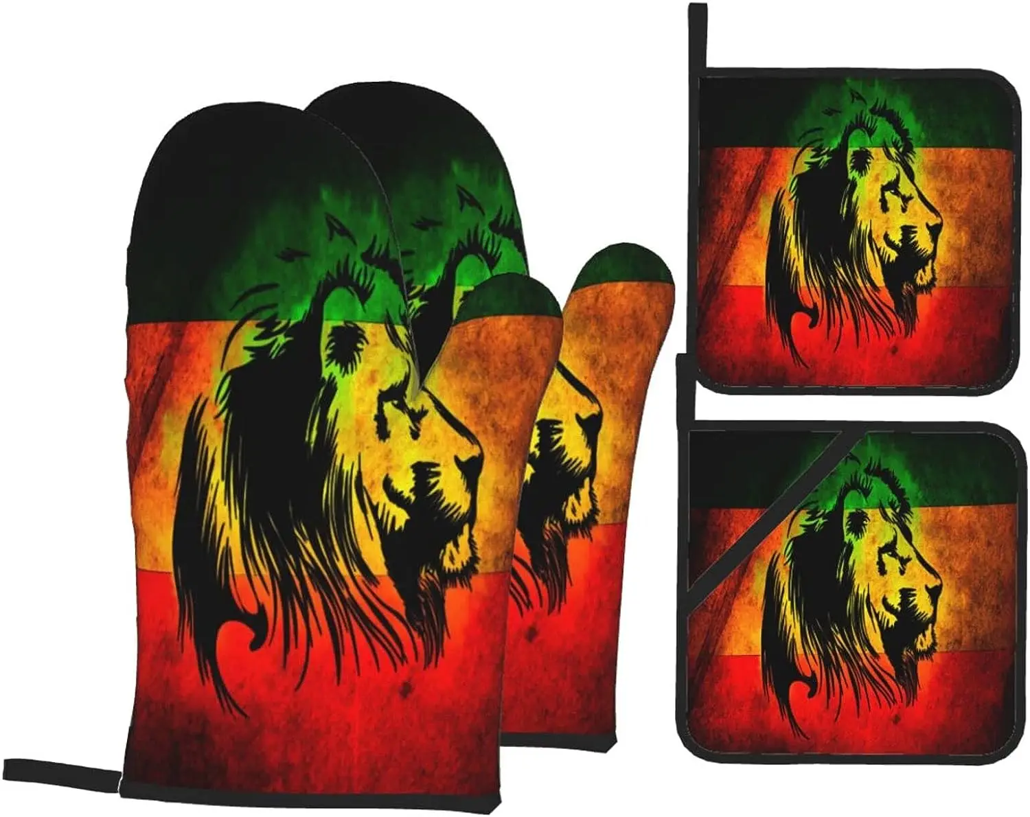 Oven Mitts and Pot Holders Set Jamaican Lion Flag Oven Gloves Waterproof Heat Resistant Hot Pads Oven Potholders for Kitchen