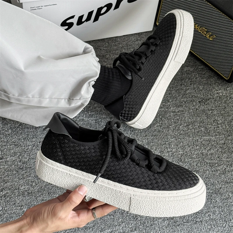 Men's Fashion Black White Checkered Trendy Brand Versatile Soft-soled Low-top Round-toe All-season Vulcanized Casual Sneakers