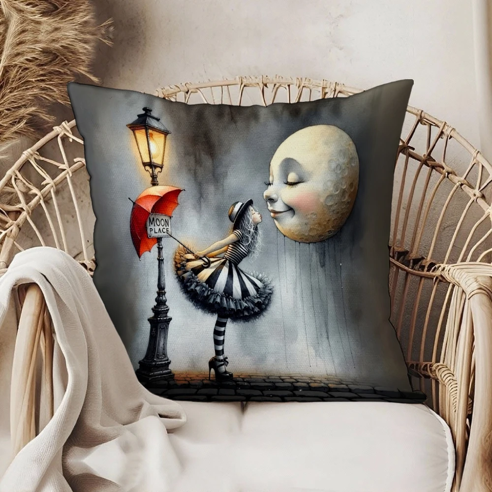 Square Throw Pillow Case Gray Surreal Ballerina With Red Umbrella And Moon Face Art Print For Living Room Sofa Bedroom Home Deco