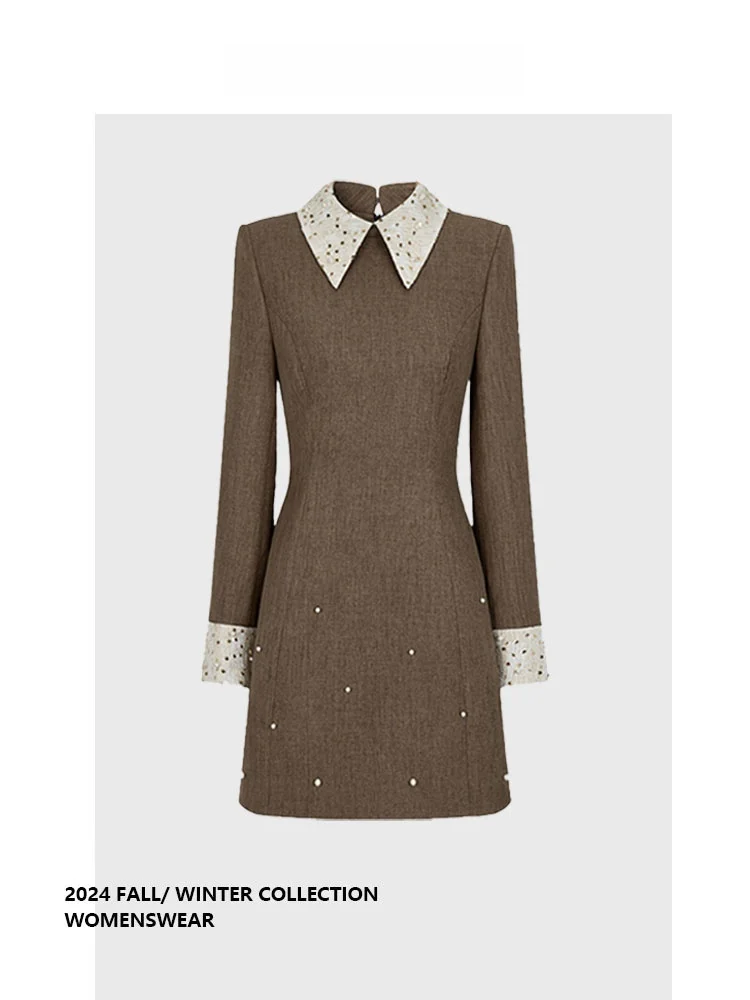 

Forever 2 Tea Brown Color Blo Floral Embroidery Dr Luxury Texture Commute Sle Long Sve Women's plus Size Dr