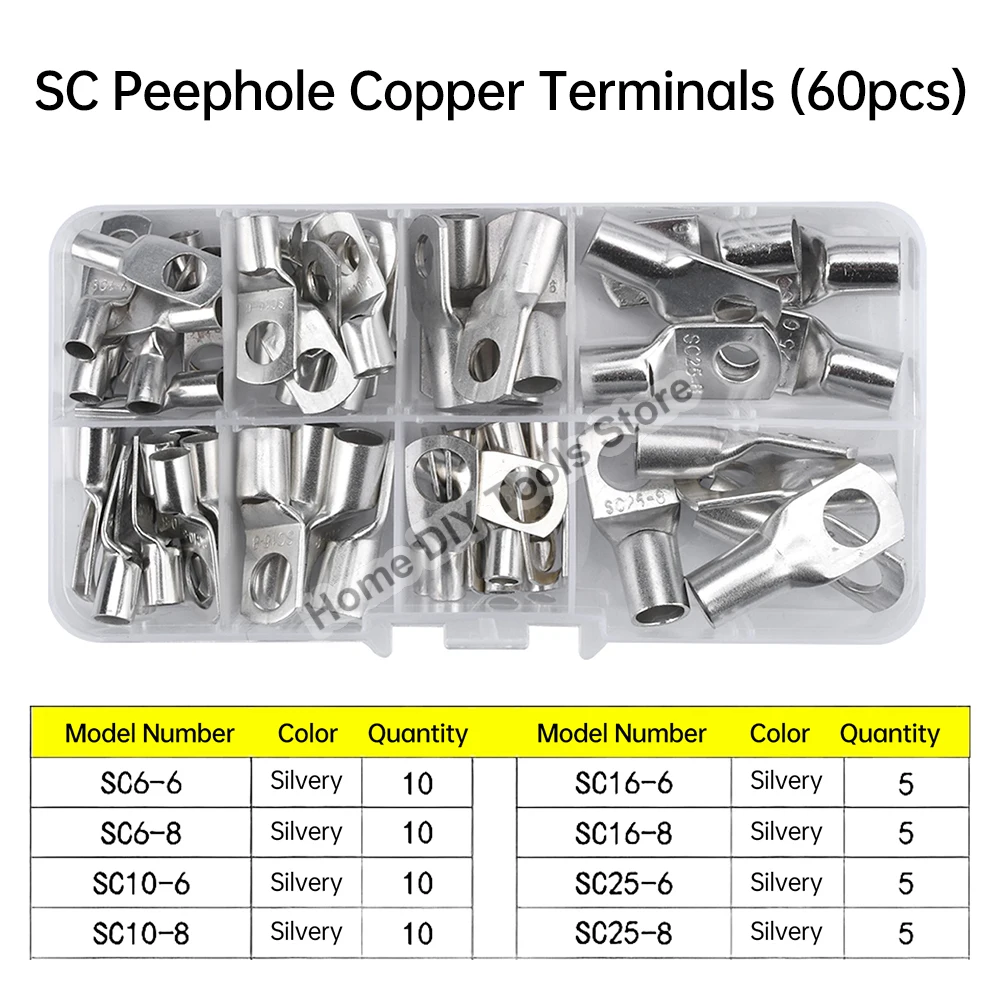 60pcs Ring Terminal Cable Shoes Lugs 6-35mm2 Tinned Copper Lug Wire eye Connectors Bare Terminals Lugs Wire Copper Kit