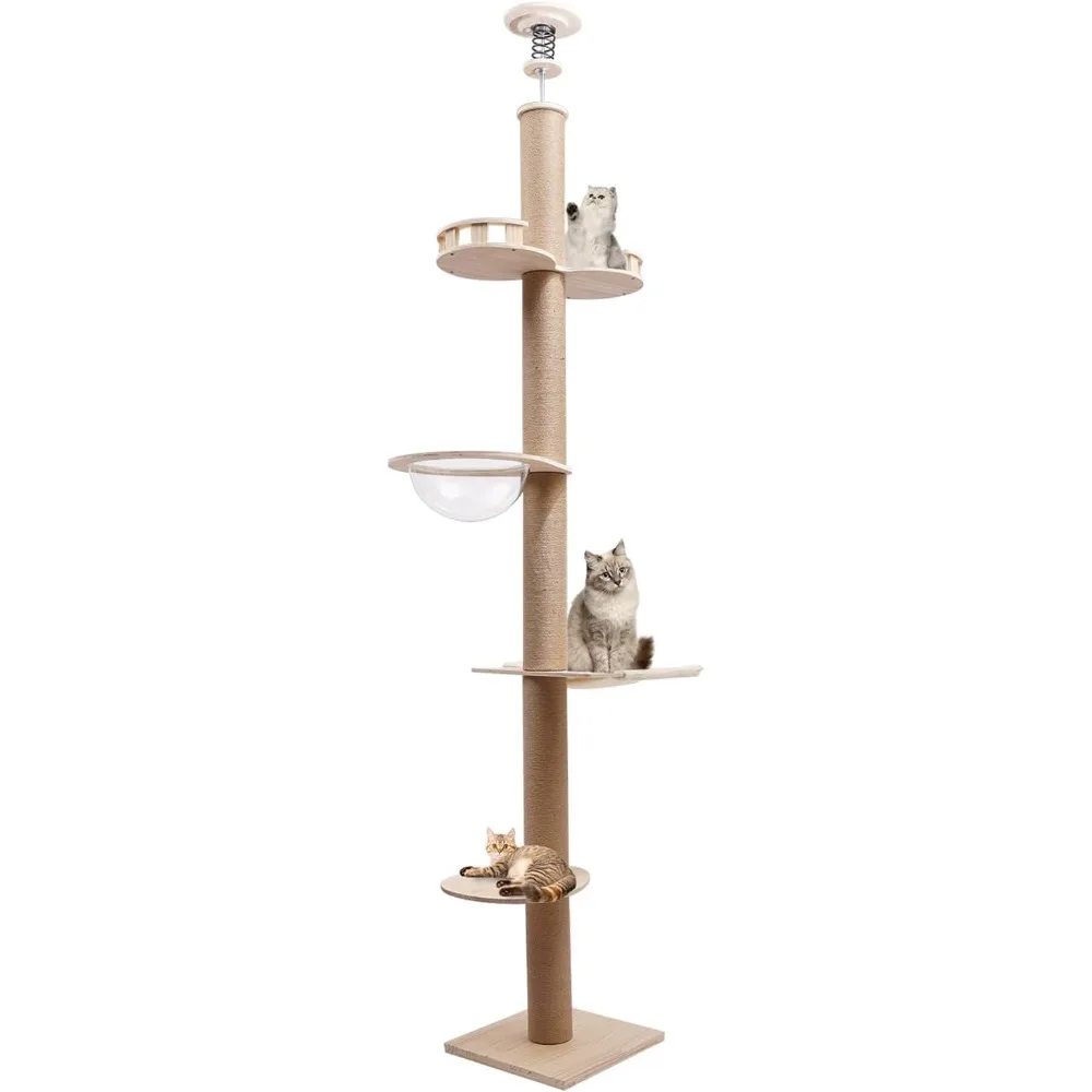 100.4-104.3 Inches Cat Tree Floor to Ceiling Natural Sisal Rope Scratching Climbing Post Adjustable Cat Tree Cat Multi-Level