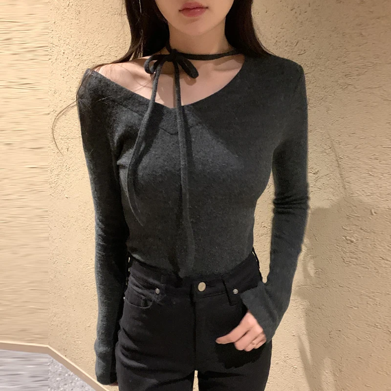 

Элегантный женский облегающий топ с V-образным вырезом, длинными рукавами и поясом-узлом, базовый слой для повседневной носки, зимний сезон, женская мода