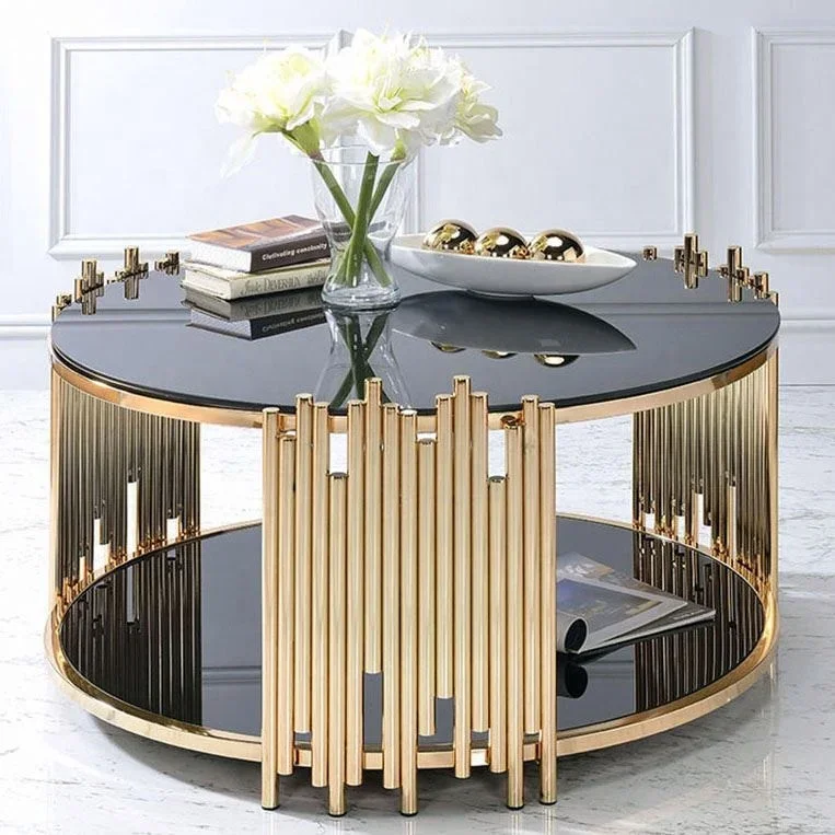 -Modern Luxury Coffee Table Sets 2 layers Glass Coffee Table oval center Tables with Golden Metal Legs Living Room Furniture