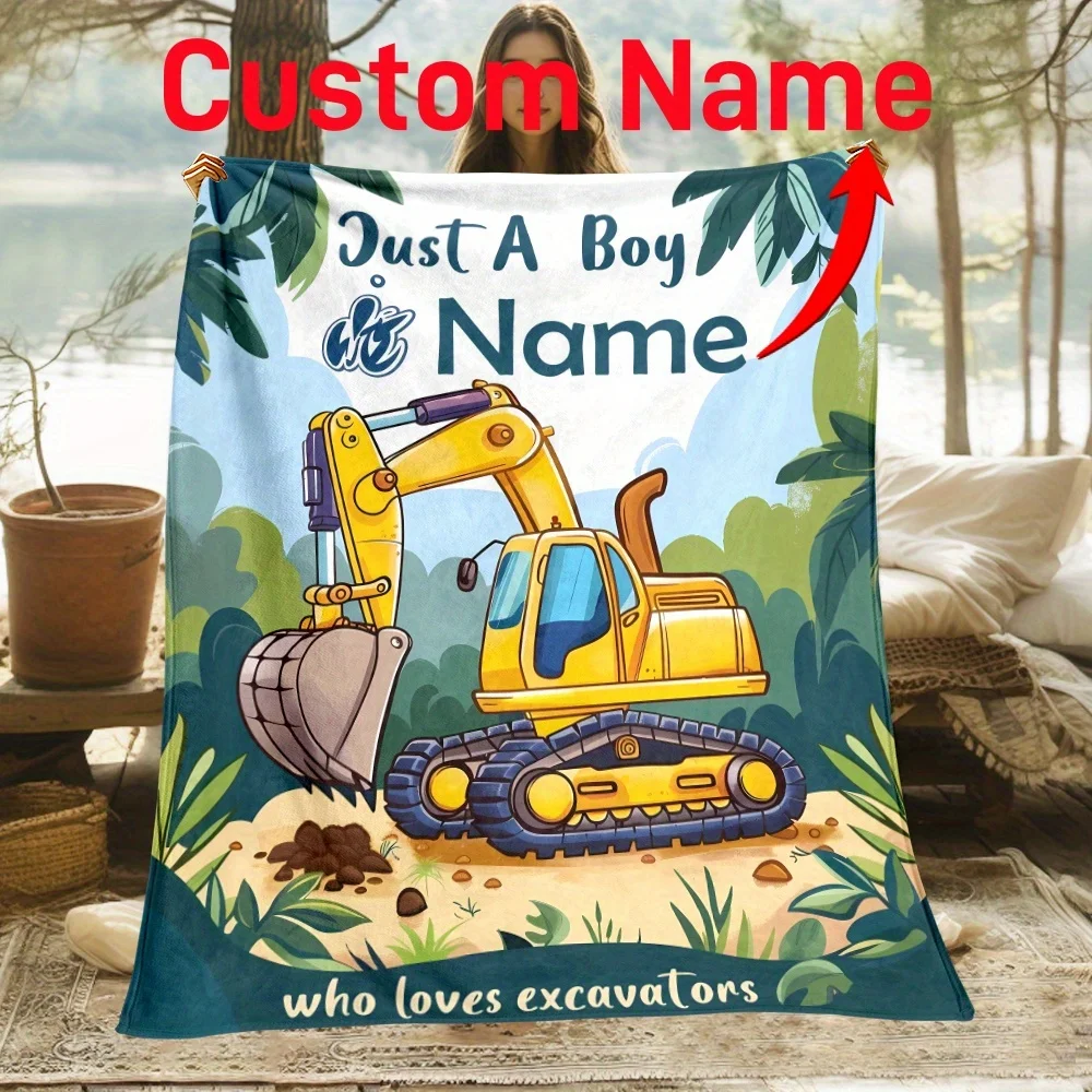 Personalisierte Cartoon-Bagger-Flanelldecke – individueller Name, weich und warm, geeignet für Sofa, Bett, Reisen, Camping