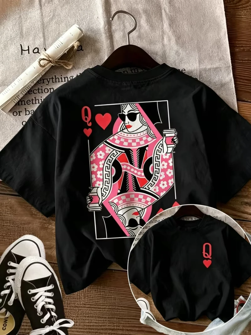 Queen of Hearts Playing Card T Shirt Women Cotton Graphic Printed Short Sleeve Round Neck Vintage Streetwear Tee 2026 Hot Sale