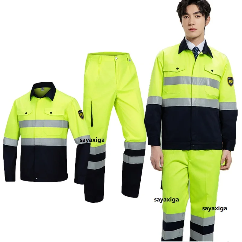 Anti static Hi Vis Reflective Safety Work Polo Shirt and trousers Men Women Long Sleeve with Pocket Workwear Two Tone Miner suit