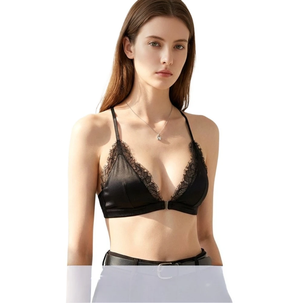 French Eyelash Lace 93% Natural Mulberry Silk (Excluding Lace) V-neck Without Steel Ring French Triangular Cup Front Button Bra
