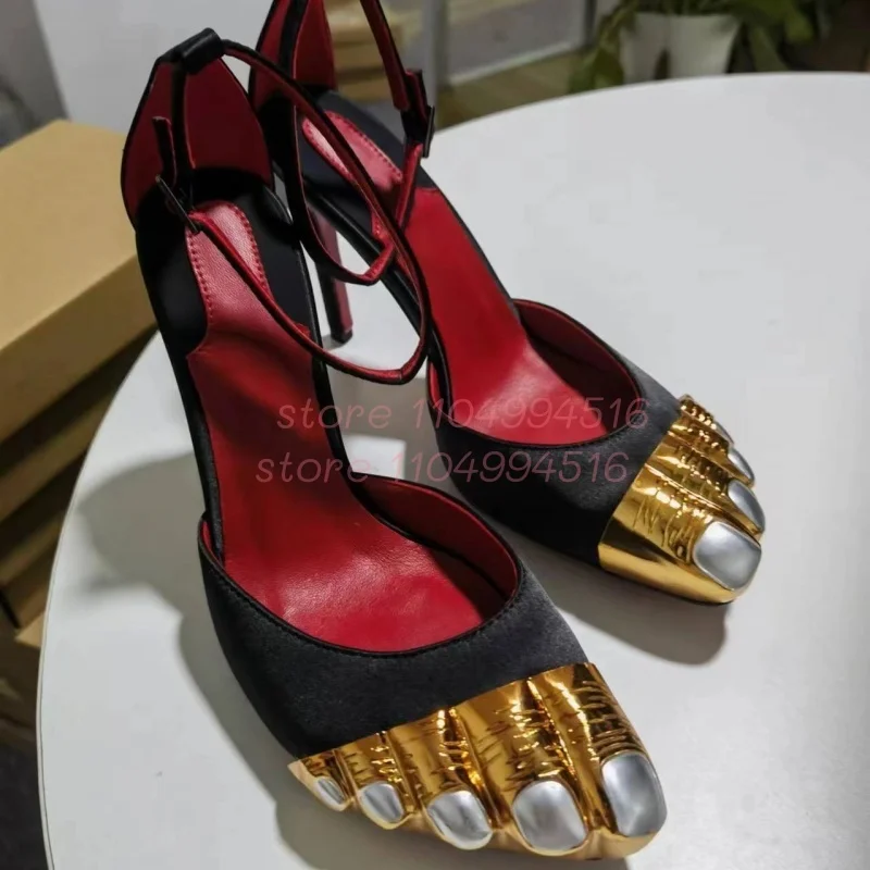 Golden Five Toes Patchwork Stiletto Sandals Women Pointed Toe Cover Heel Ankle Strap Sandals Lady Elegant Sexy Party Dress Shoes