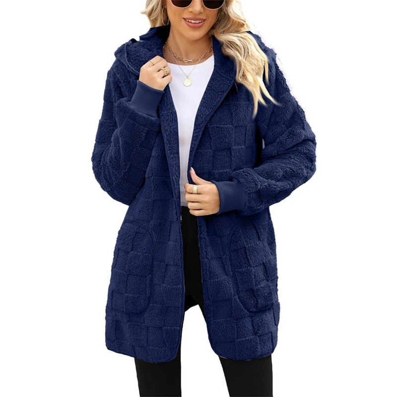Moda inverno feminino casual casaco com capuz lã cardigan feminino jaqueta quente cor sólida senhoras casacos