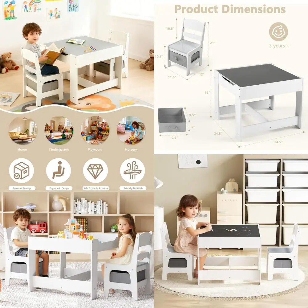 

3-in-1 Kids Activity Table Set with Storage, Blackboard, and 2 Chairs, Grey