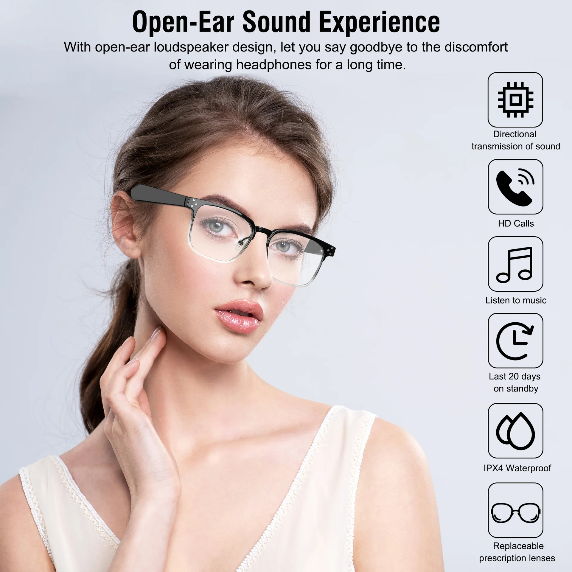 

KX31 Smartglasses+Earphone HD Bluetooth Call Professional Noise Reduction 3D Surround HIFI Sound Quality IPX4 Waterproof Anti-UV